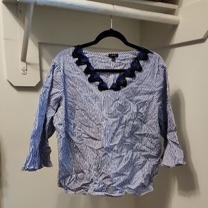Talbots Navy and White Striped Blouse with Scalloped V-Neck